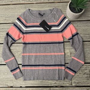 NWT Fashion Nova Gray and Pink Striped Fitted Sweater, Size Large